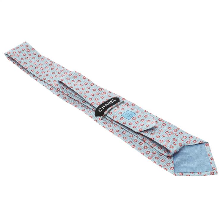 Pre Owned Chanel Light Blue Floral and Logo Woven Textured Silk Tie