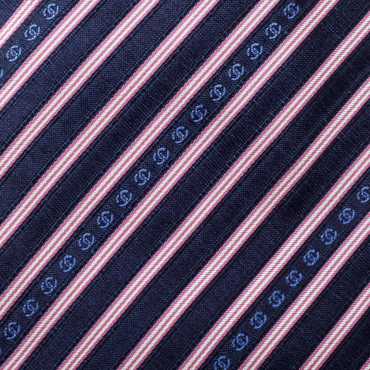 Pre Owned Chanel Navy Blue and Pink Striped CC Logo Silk Tie