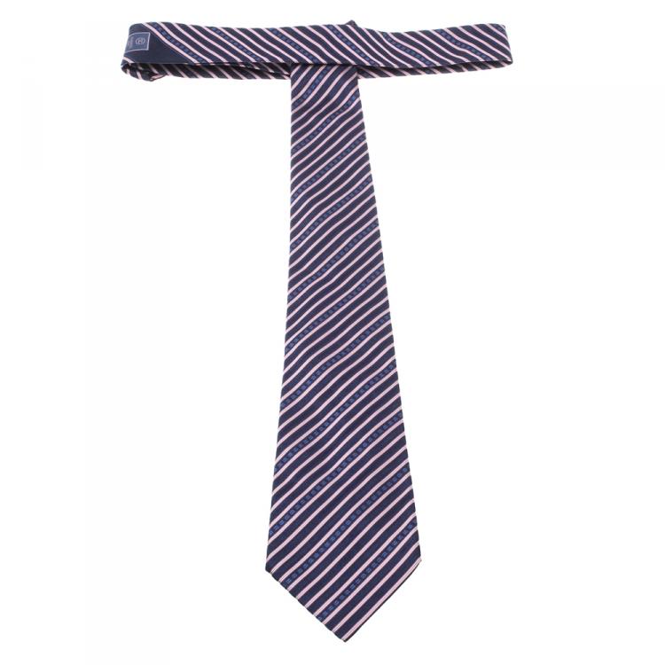 Pre Owned Chanel Navy Blue and Pink Striped CC Logo Silk Tie