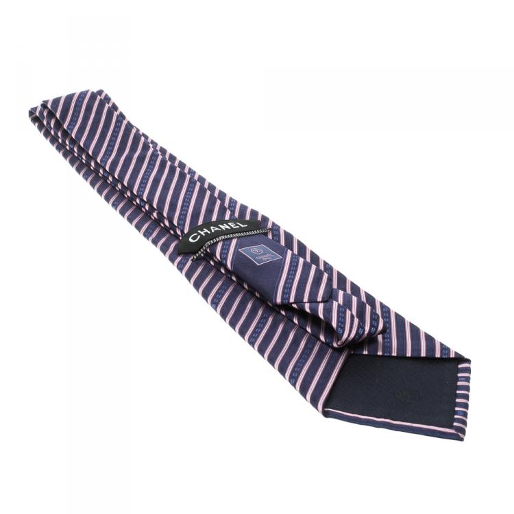 Pre Owned Chanel Navy Blue and Pink Striped CC Logo Silk Tie