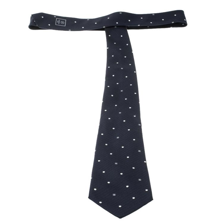 Pre Owned Chanel Navy Blue Embroidered Polka Dot and Logo Detail Silk Tie