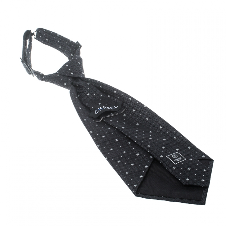 Pre Owned Chanel Black Logo Silk Jacquard Adjustable Short Traditional Tie