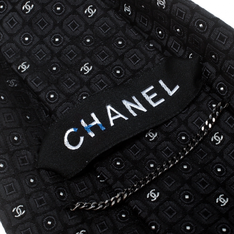 Pre Owned Chanel Black Logo Silk Jacquard Adjustable Short Traditional Tie
