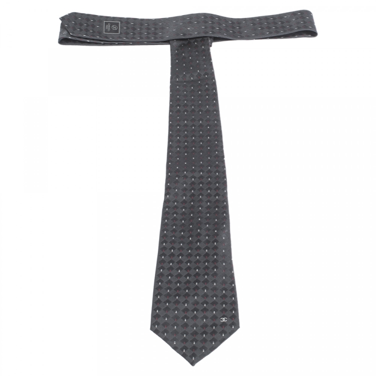 Pre Owned Chanel Black Dot Pattern Checked Silk Tie