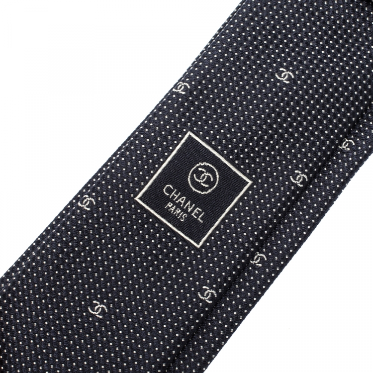 Pre Owned Chanel Navy Blue Micro Dot Logo Pattern Skinny Silk Tie