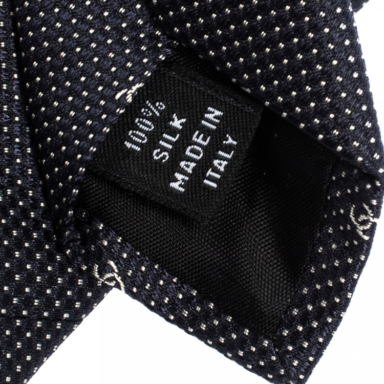 Pre Owned Chanel Navy Blue Micro Dot Logo Pattern Skinny Silk Tie