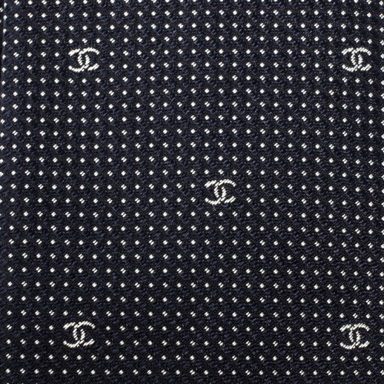 Pre Owned Chanel Navy Blue Micro Dot Logo Pattern Skinny Silk Tie