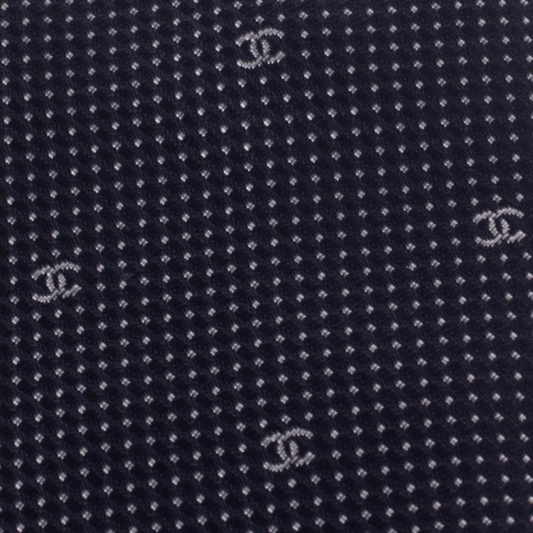 Pre Owned Chanel Navy Blue Micro Dot Logo Pattern Skinny Silk Tie