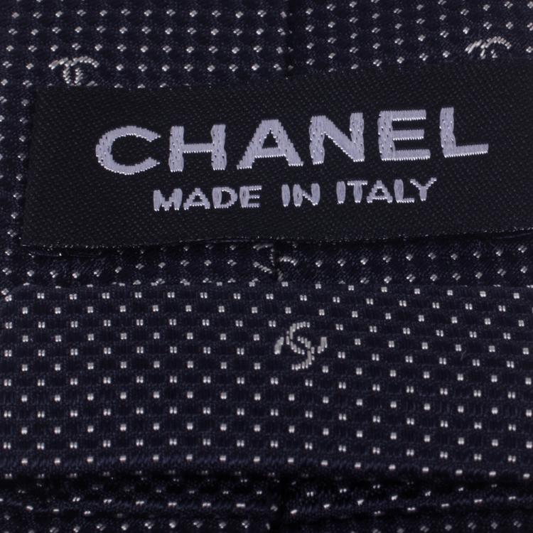 Pre Owned Chanel Navy Blue Micro Dot Logo Pattern Skinny Silk Tie