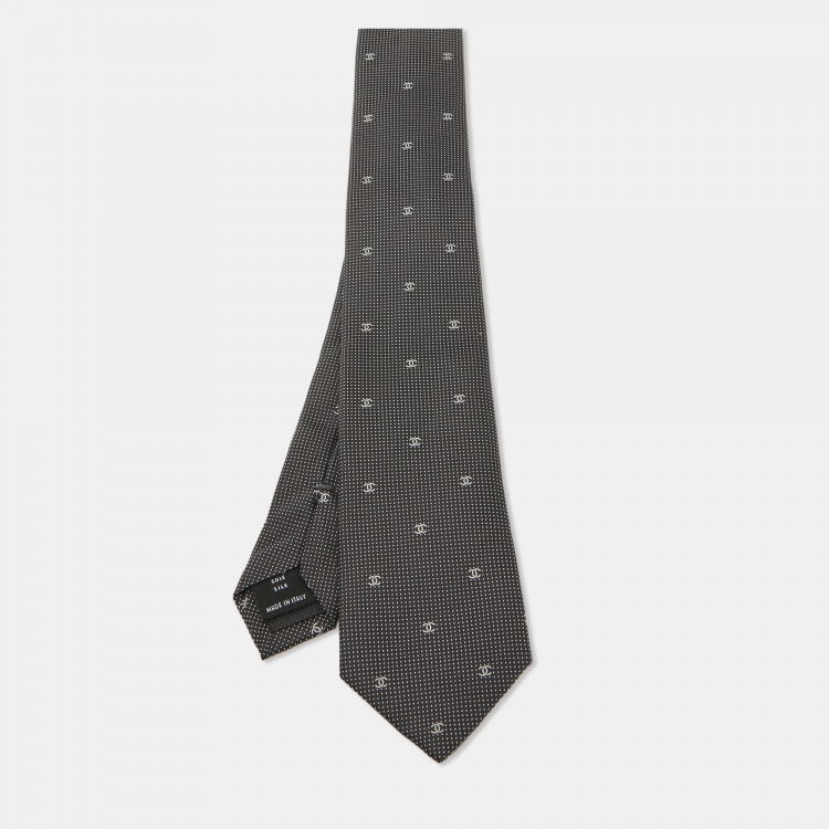Pre Owned Chanel Black CC Print Silk Skinny Tie