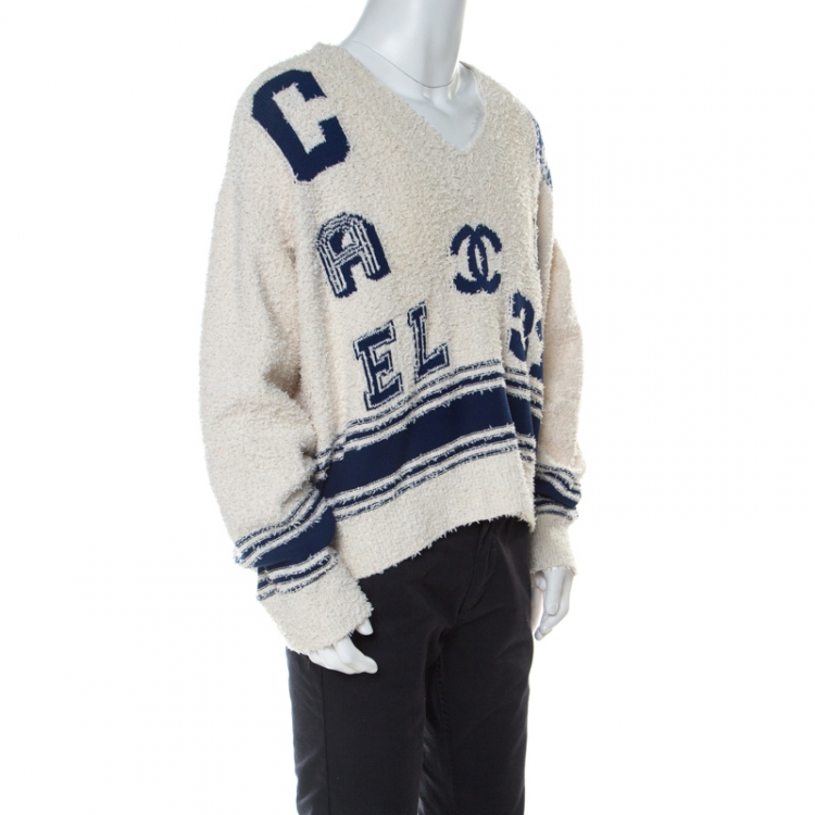 Chanel Cream & Blue Cotton-Silk Blend Knitted Boucle Finish Varsity Sweater  M Chanel | TLC