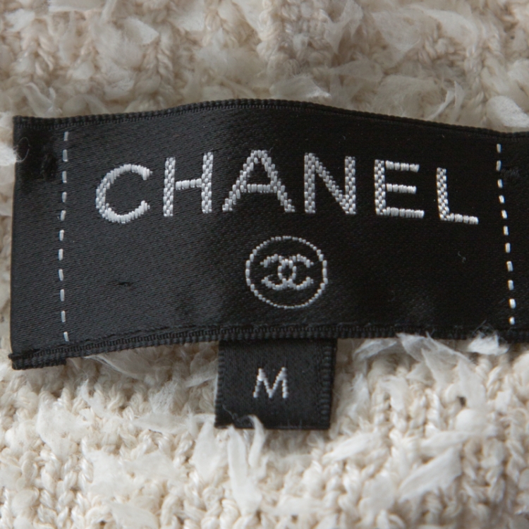 Pre Owned Chanel Cream & Blue Cotton-Silk Blend Knitted Boucle Finish Varsity Sweater M