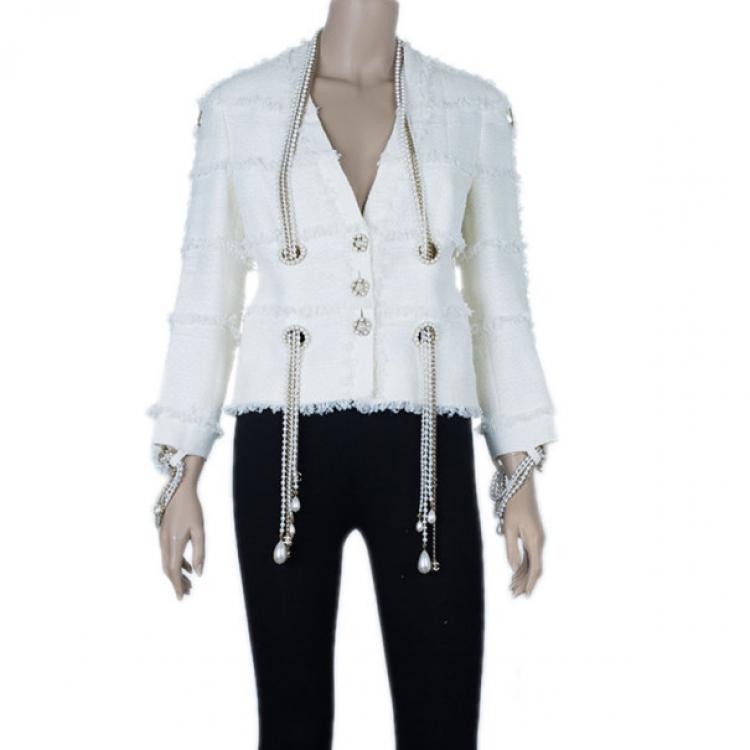 Chanel Ivory Tweed Lace/Pearl Trimmed Jacket M Chanel