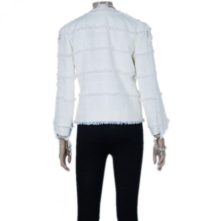 مملوكة مسبقًا Chanel Ivory Tweed Lace/Pearl Trimmed Jacket M