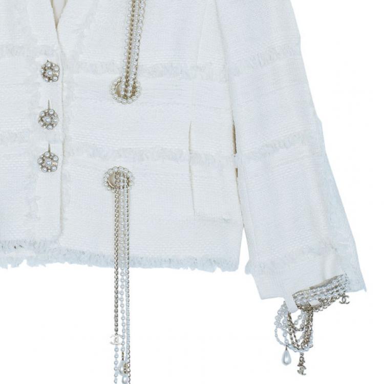 مملوكة مسبقًا Chanel Ivory Tweed Lace/Pearl Trimmed Jacket M