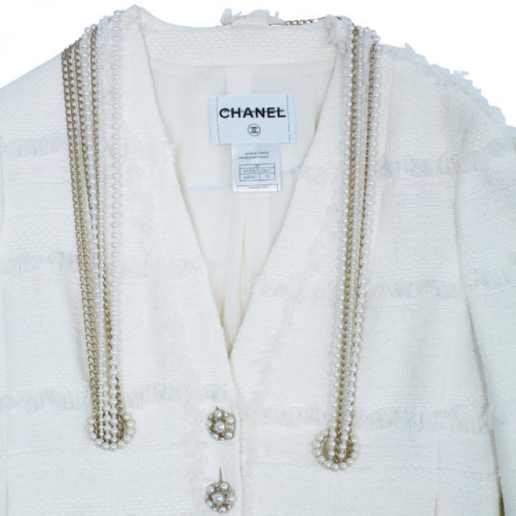 مملوكة مسبقًا Chanel Ivory Tweed Lace/Pearl Trimmed Jacket M