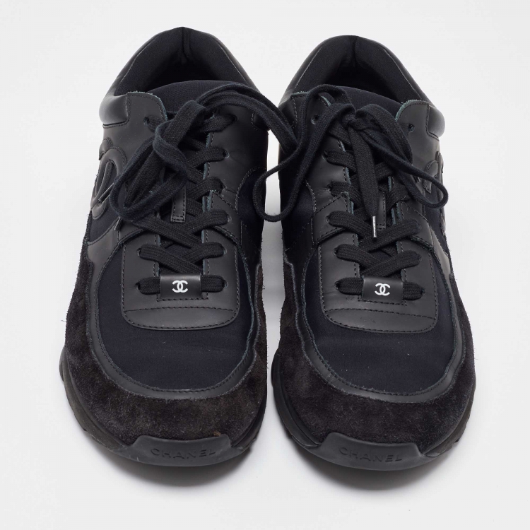 Pre Owned Chanel Black Suede and Neoprene CC Low Top Sneakers Size 45