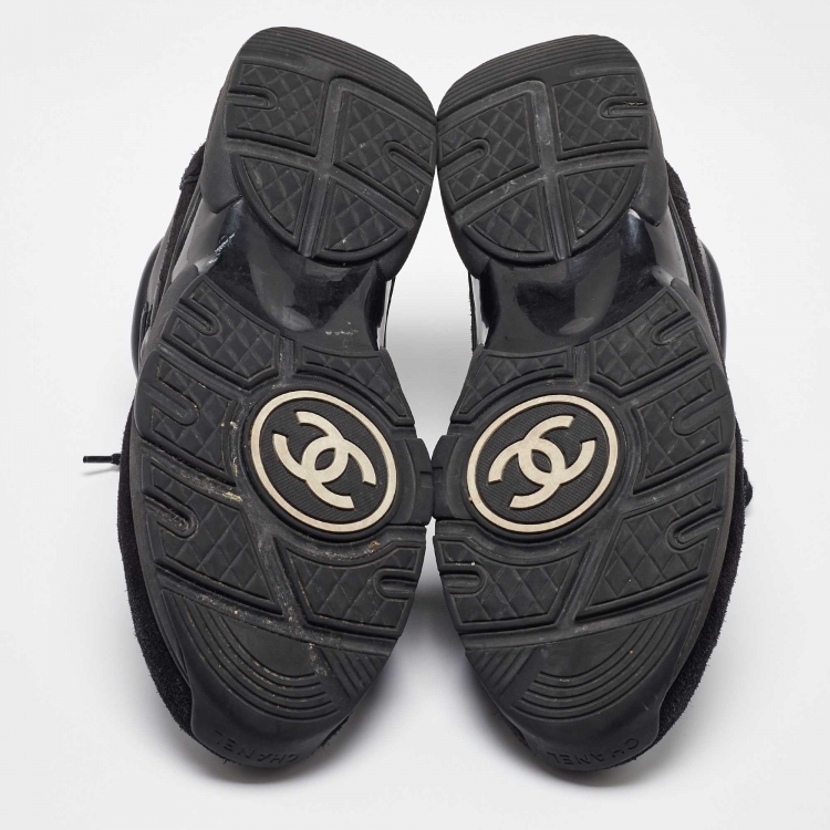 Pre Owned Chanel Black Suede and Neoprene CC Low Top Sneakers Size 45
