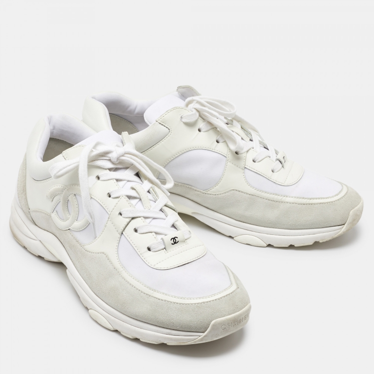 Pre Owned Chanel White Suede and Neoprene CC Low Top Sneakers Size 45