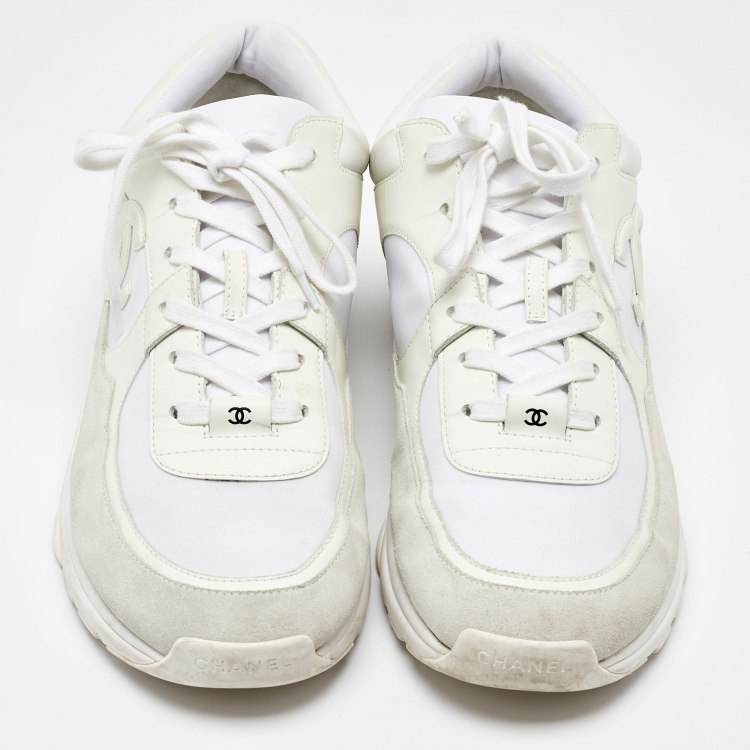 Pre Owned Chanel White Suede and Neoprene CC Low Top Sneakers Size 45