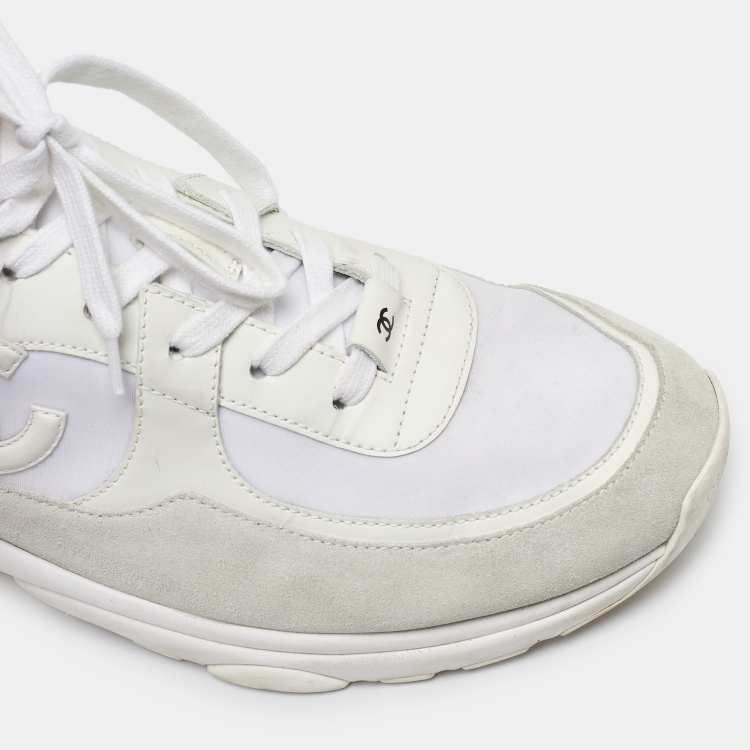 Pre Owned Chanel White Suede and Neoprene CC Low Top Sneakers Size 45