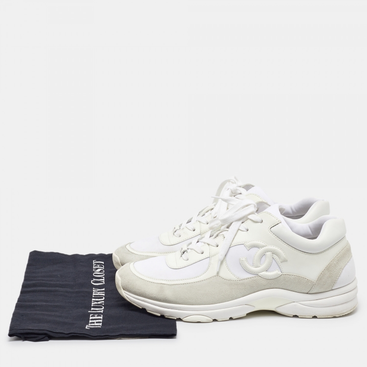 Pre Owned Chanel White Suede and Neoprene CC Low Top Sneakers Size 45