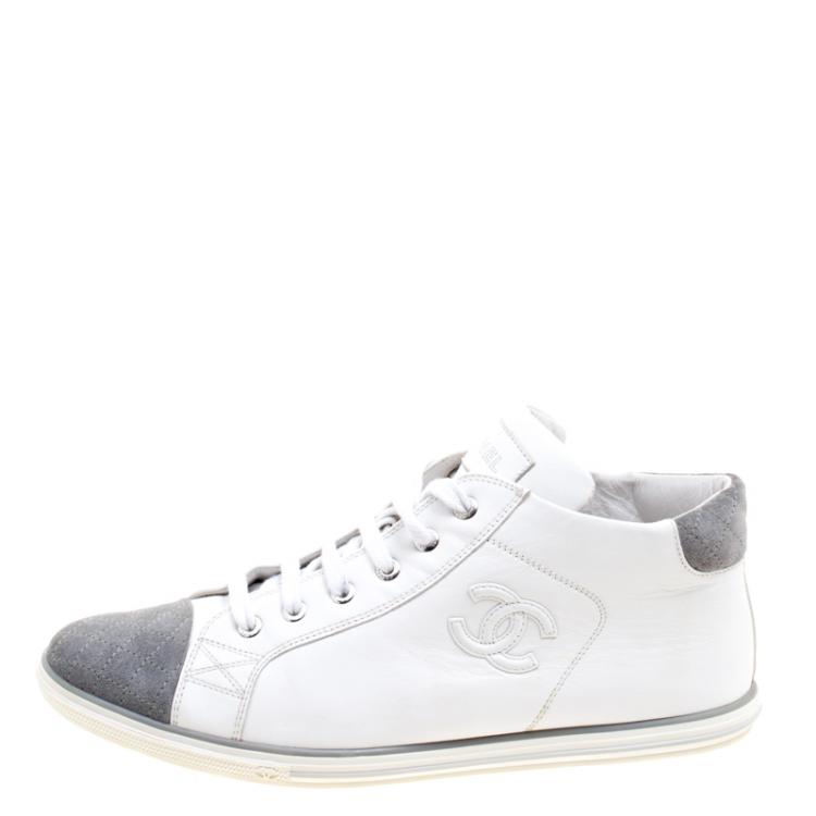 Pre Owned Chanel White Leather and Grey Suede Cap Toe CC  Sneakers Size 41