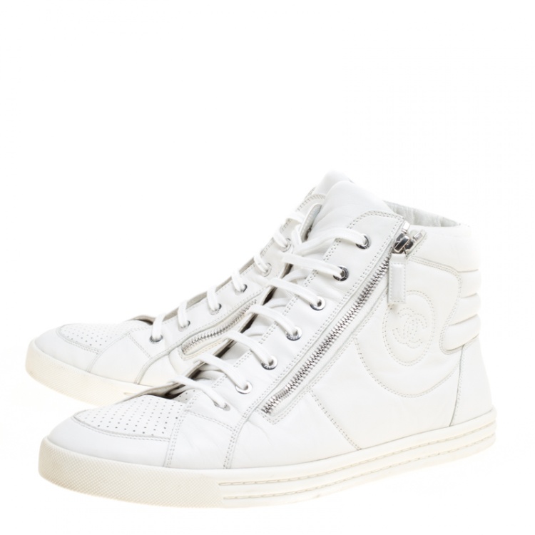 Pre Owned Chanel White Leather CC High Top Sneakers Size 45
