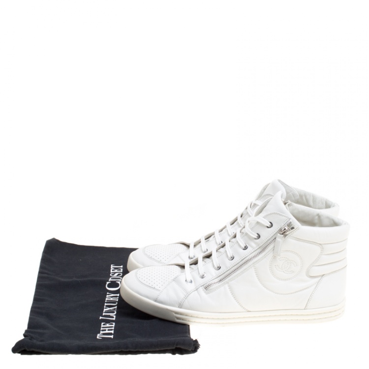 Pre Owned Chanel White Leather CC High Top Sneakers Size 45