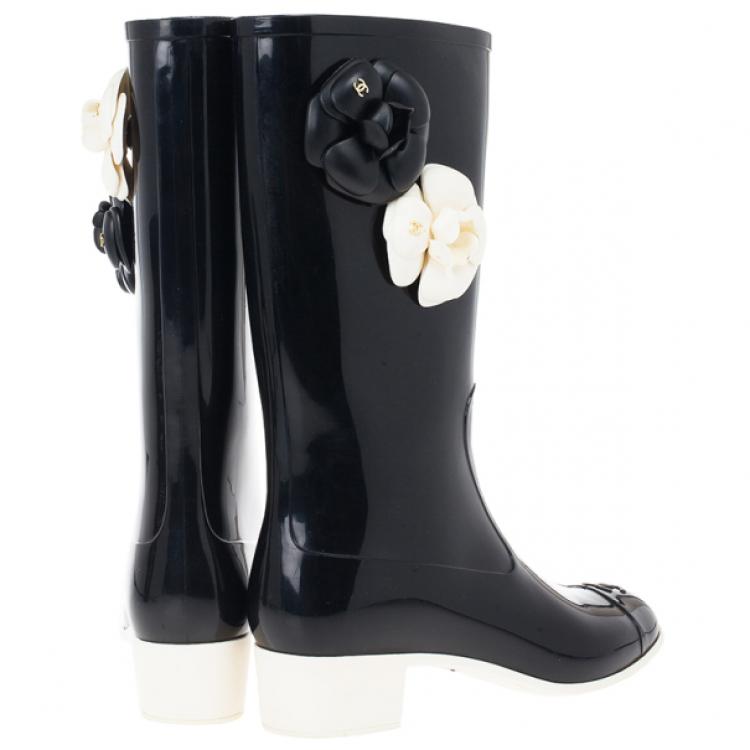 Chanel Camellia Rubber Rain Boots Size 