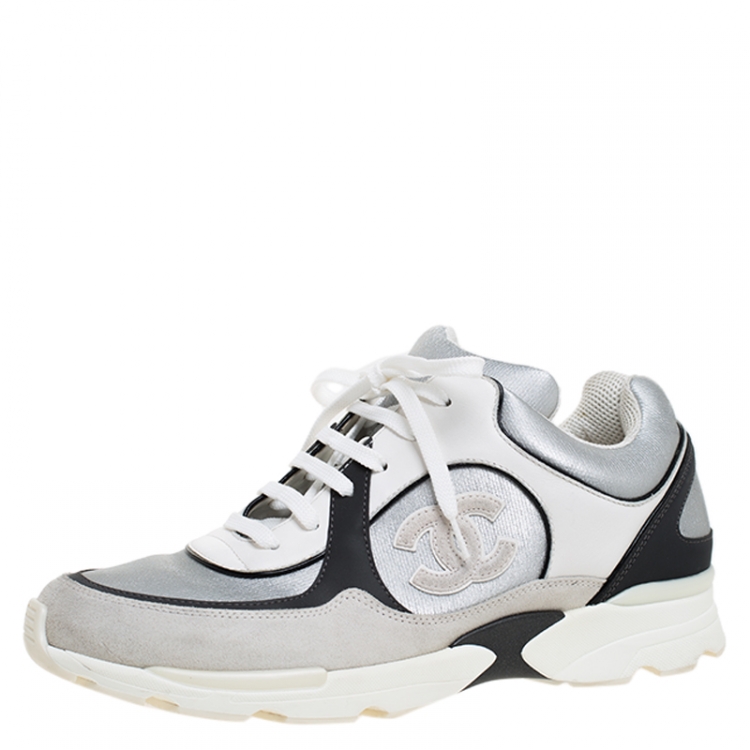 Chanel Silver/Black Leather and Fabric CC Lace Up Sneakers Size 41 Chanel |  TLC