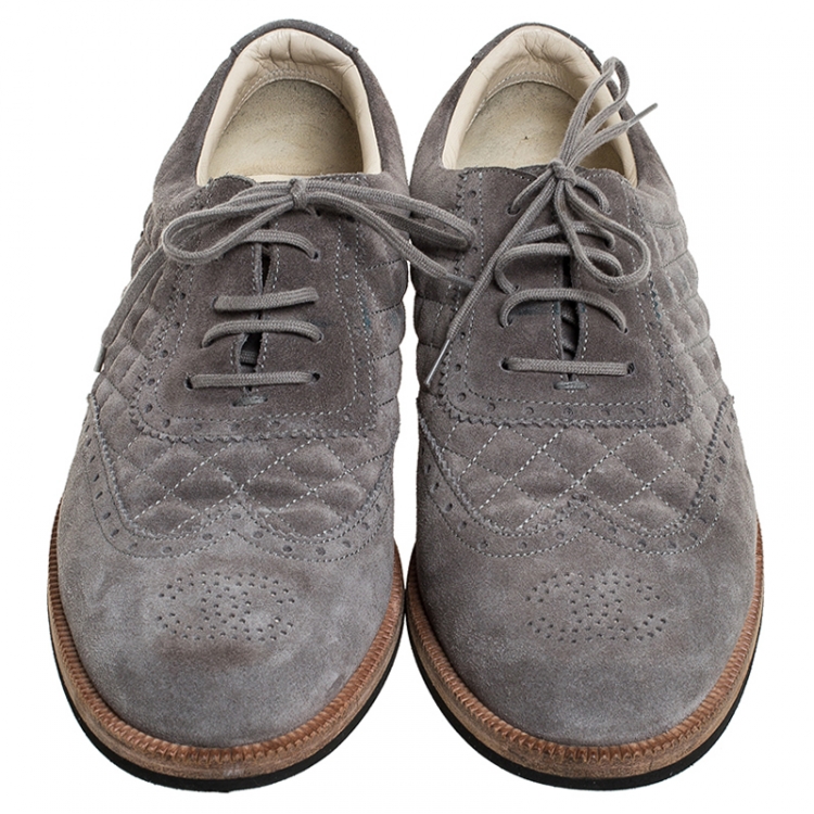 Pre Owned Chanel Grey Suede Quilted Brogue Oxfords Size 43