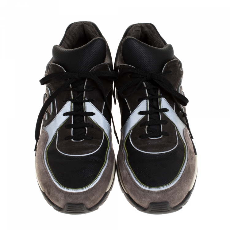 Pre Owned Chanel Black/Grey Neoprene Fabric and Leather Stitched CC Lace Up Sneakers Size 44