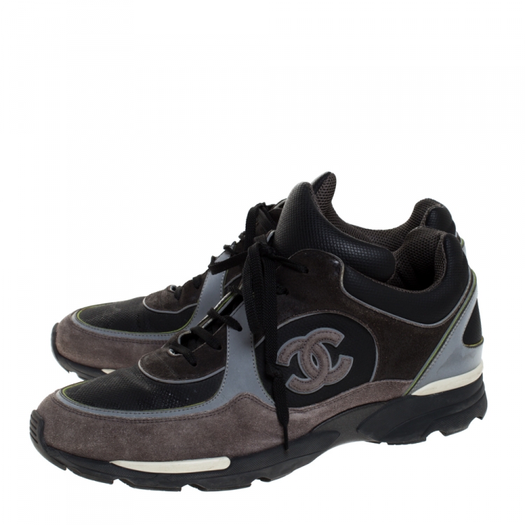 Pre Owned Chanel Black/Grey Neoprene Fabric and Leather Stitched CC Lace Up Sneakers Size 44