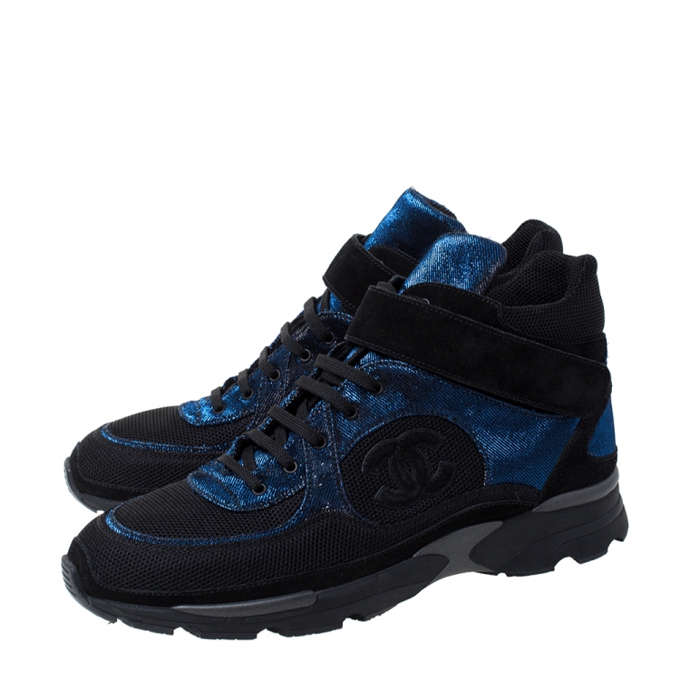 Pre Owned Chanel Black/Blue Mesh/Fabric and Suede CC High Top Sneakers Size 42