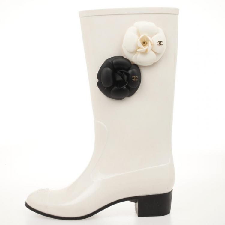 Chanel White Rubber Camelia Rain Boots Size 36 Chanel