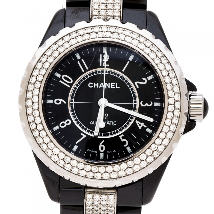 Pre Owned Chanel Black Ceramic Stainless Steel Diamonds J12 Women's Wristwatch 39 mm
