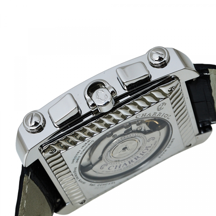Pre Owned Charriol Black Stainless Steel Leather Actor XL Automatic Men's Wristwatch 42 MM
