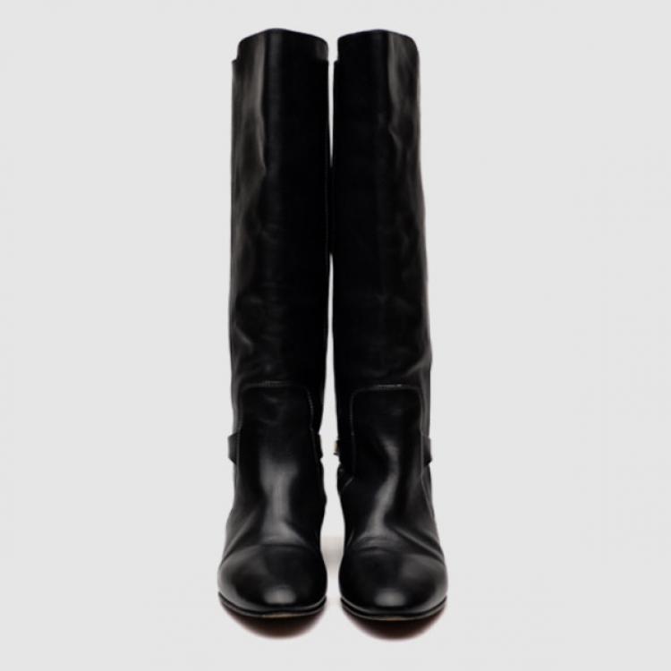 مملوكة مسبقًا Chloe Black Leather Knee Length Flat Boots Size 41