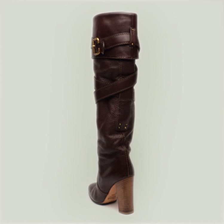 Pre Owned Chloe Brown Leather Knee Length Boots Size 38.5