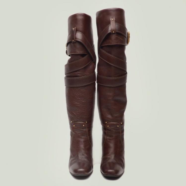 Pre Owned Chloe Brown Leather Knee Length Boots Size 38.5