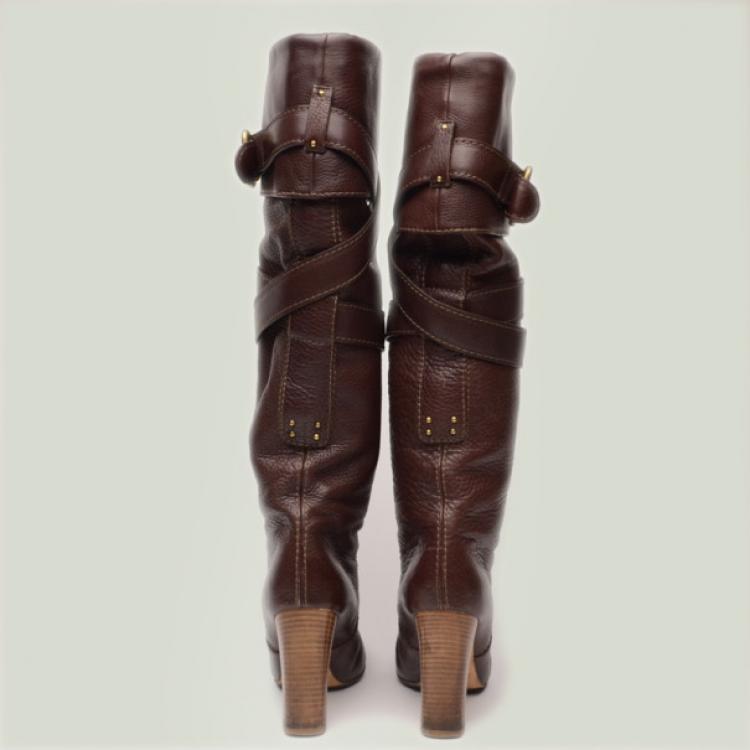 Pre Owned Chloe Brown Leather Knee Length Boots Size 38.5