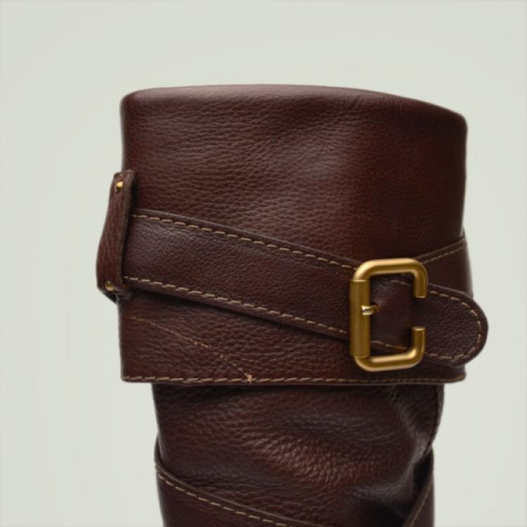 Pre Owned Chloe Brown Leather Knee Length Boots Size 38.5