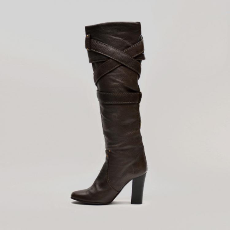 Pre Owned Chloe Brown Leather Knee Length Boots Size 37.5