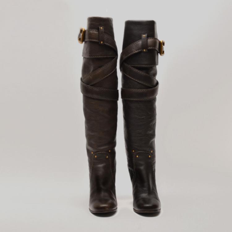 Pre Owned Chloe Brown Leather Knee Length Boots Size 37.5