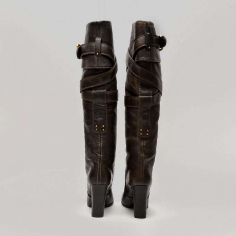 Pre Owned Chloe Brown Leather Knee Length Boots Size 37.5