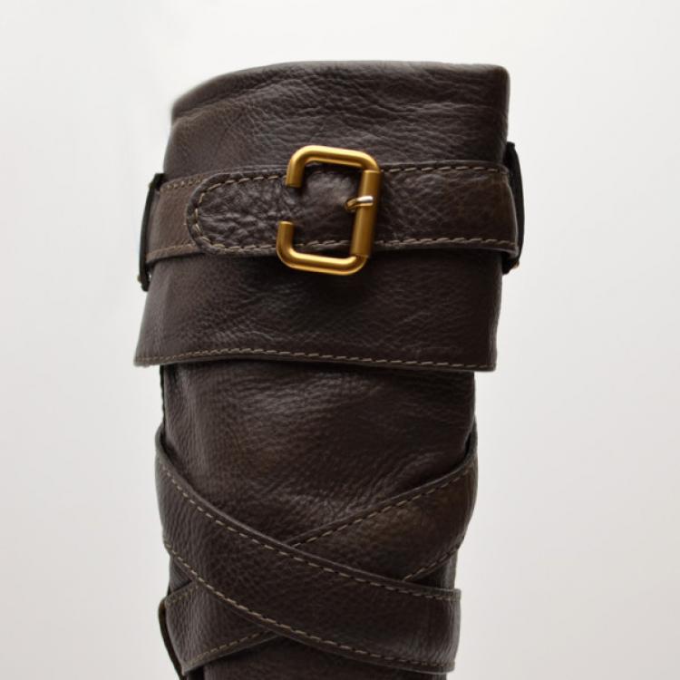 Pre Owned Chloe Brown Leather Knee Length Boots Size 37.5