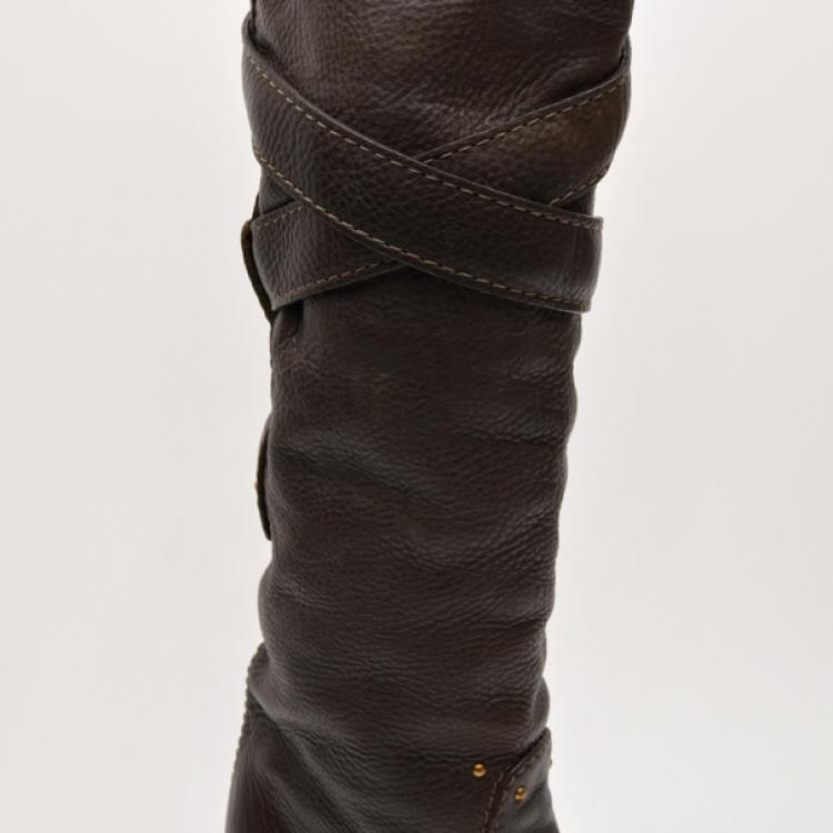 Pre Owned Chloe Brown Leather Knee Length Boots Size 37.5