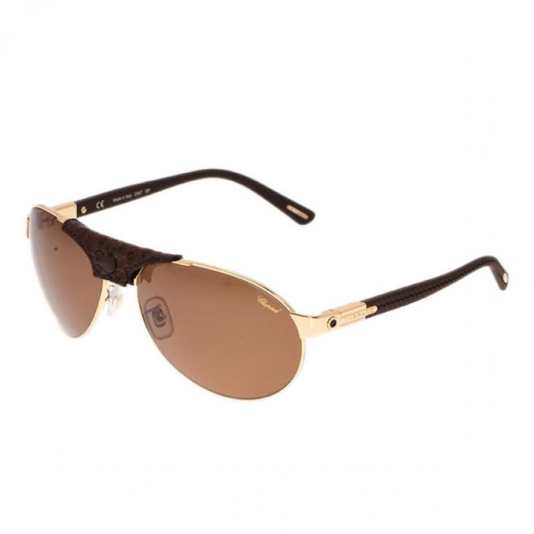Pre Owned Chopard Gold and Brown SCH931 Polarized Aviators
