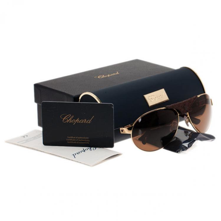 Pre Owned Chopard Gold and Brown SCH931 Polarized Aviators